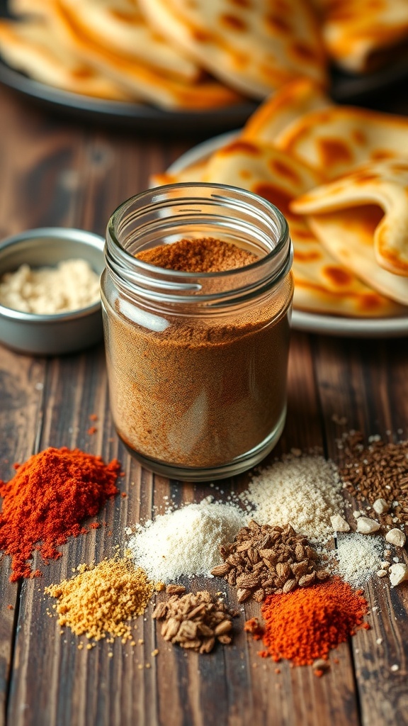 A jar of homemade quesadilla seasoning with spices and quesadillas in the background.